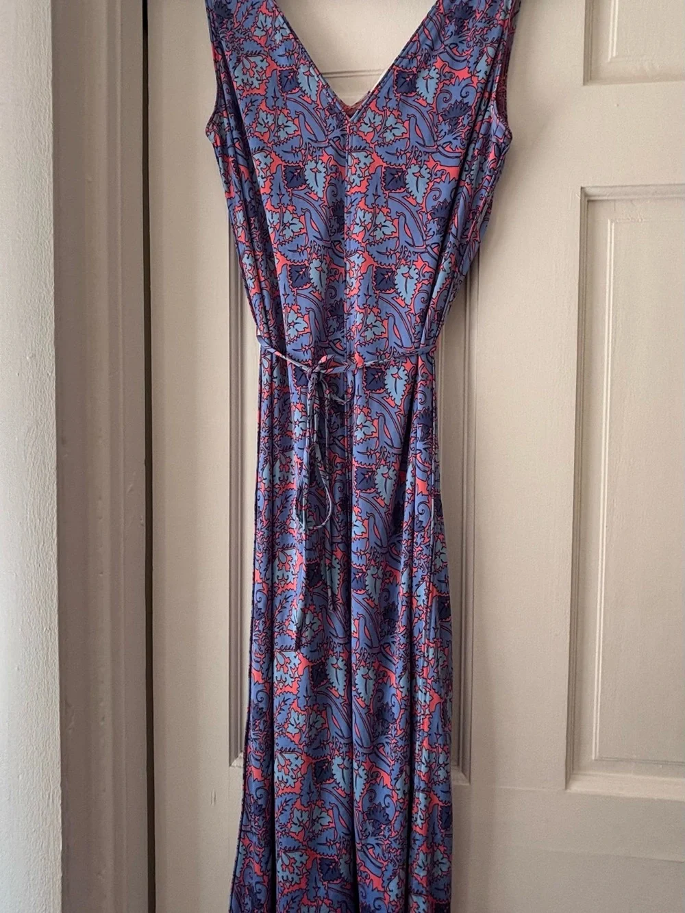 Tory Burch Blue & Coral Sleeveless V-Neck Midi Dress